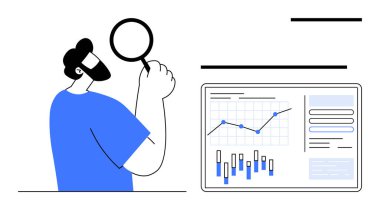 Mavi gömlekli adam elinde büyüteçle ekranda veri tablolarını inceliyor. Veri analizi, iş sunumları, piyasa araştırmaları, finans çalışmaları, eğitim materyalleri, teknik dersler için ideal
