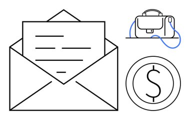 Zarfın içinde bir mektup, bir çanta ve dolar sembolü var. İş yazışmaları, finansal hizmetler, iş başvuruları, kurumsal iletişim, bankacılık, profesyonellik, pazarlama için ideal