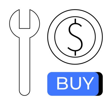 Altında bir dolar işareti, altında mavi buton olan bir dolar parasının yanına bas. E-ticaret, mali işlemler, onarım hizmetleri, dijital pazarlar, çevrimiçi alışveriş, ticaret veya