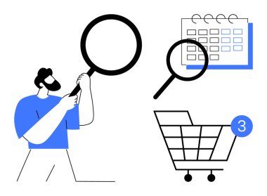 Büyüteç kullanan bir adam, arama sembollü bir takvim ve tebligatlı bir alışveriş arabası. Üretkenlik, programlama, analiz, planlama, alışveriş organizasyonu verimliliği için ideal. Satır metaforu