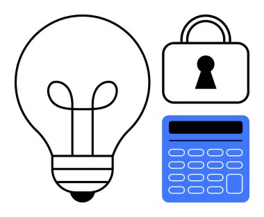 Fikirleri temsil eden ampul, güvenlik için asma kilit ve hesaplama ya da analizi sembolize eden hesap makinesi. Yenilik, güvenlik, mali temalar, eğitim, teknoloji ve sorun çözme için ideal