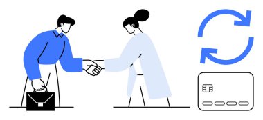 Erkek evrak çantası, kredi kartı ve alışverişi gösteren iki döner ok tutarken kadın ve erkek el sıkışıyor. İş, ortaklık, ticaret, finans, işbirliği, anlaşmalar için ideal. Çizgi