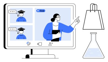 Öğretmen mezuniyet şapkası takan öğrencilere canlı yayın yapan bir sanal sınıf platformu üzerinden eğitim veriyor. Eğitim, e-öğrenim, sanal toplantılar, uzak çalışma, webinarlar, çevrimiçi eğitim için ideal