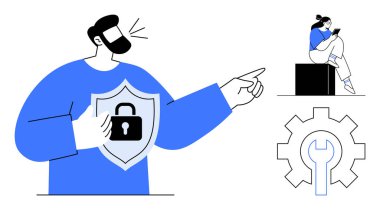 Göğsünde kalkan kilidi sembolü olan bir adam, akıllı telefon kullanan biri, ingiliz anahtarı olan büyük bir alet. Siber güvenlik, gizlilik, teknik destek, çevrimiçi güvenlik, bilişim hizmetleri, takım iletişimi için ideal