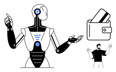 Robot dijital cüzdanı işaret ediyor ve bir erkek figürü jestler yapıyor. Yapay zeka, teknoloji, dijital ödemeler, fintech, robotik, insan-bilgisayar etkileşimi ve yenilik için ideal. Satır metaforu