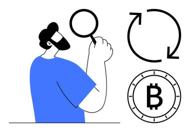 Bireysel olarak büyüteç bulundurur, Bitcoin sembolü ve tazeleme ikonu ile temsil edilen kripto para birimi eğilimlerini inceler. Finans, engelleme zinciri, kripto para birimi analizi, dijital para birimi eğitimi için ideal