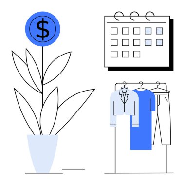 Dolar işareti, iş takvimi ve askılarda profesyonel giysiler olan finansal büyüme fabrikası. İş planlaması için ideal, finansal büyüme, kariyer yönetimi, zaman yönetimi, profesyonel