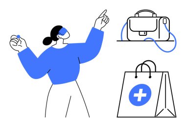 Akıllı telefon kullanan bir kadın, masada evrak çantası ve tıbbi alışveriş çantası. Dijital teknoloji, iş hayatı dengesi, iş seyahati, alışveriş deneyimi, tıbbi hizmetler, üretkenlik uygulamaları, modern