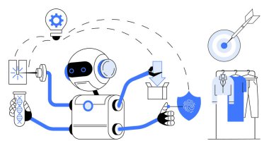 Çoklu kollara sahip robot DNA örneği, ambalaj kutusu, kalkan ve ampul, noktalı çizgilerle bağlanmış ve dartla hedeflenmiş. Teknoloji için ideal, yenilik, otomasyon, yapay