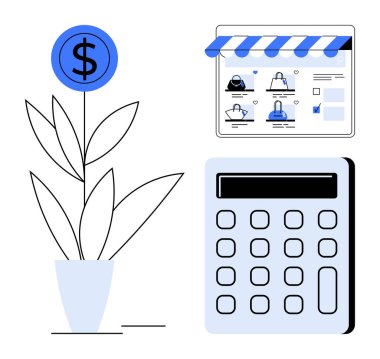 Bir dolar işaretli bitki bir e-ticaret sitesi ve hesap makinesinin yanında finansal büyümeyi sembolize eder. Finans, yatırım, e-ticaret, bütçe planlaması, mali danışmanlık, çevrimiçi ticaret için ideal