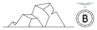 Soyut geometrik dağların üzerinde uçan Bitcoin sembollü bir dron. Finans, teknoloji, otomasyon, lojistik, blok zinciri, kripto para ve yenilik temaları için ideal. Satır metaforu