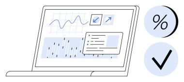 Laptop ekranı veri analiz elemanlarıyla birlikte çizgi ve çubuk grafikleri gösteriyor. Simgeler arasında yüzde işareti ve işaretleme işareti yer alıyor. İş analizleri, mali raporlar, pazarlama planları için ideal