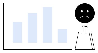 Bar tablosu, satışların azaldığını belirtirken, üzgün surat ve alışveriş torbası da temayı vurguluyor. İş analizi, ekonomik krizler, satış raporları, pazar eğilimleri için ideal