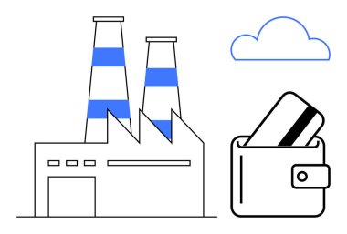 Cüzdanının yanında çizgili bacaları olan endüstriyel fabrika üzerinde bulutlar olan kredi kartı taşıyor. Finans, endüstri, bankacılık, ekonomi, bulut hizmetleri, iş stratejisi, çevre için ideal