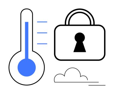 Mavi termometre, kilitli bir asma kilit sembolü ve basit bir bulutun yanında sıcaklık seviyelerini gösteriyor. Siber güvenlik, veri koruması, akıllı ev teknolojisi, iklim kontrolü, hava durumu uygulamaları için ideal