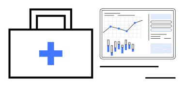 Analitik gösterge panelinin yanında mavi haçlı tıbbi evrak çantası. Grafikler ve çizelgeler var. Sağlık planlaması, acil durum kitleri, tıbbi veriler, analizler, sağlık raporları, hasta bakımı için ideal