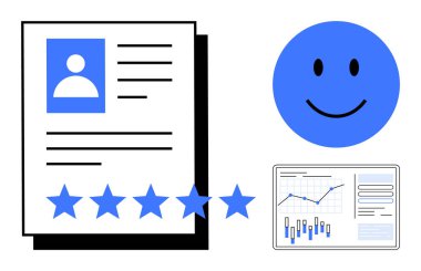 Çalışan inceleme belgesi, derecelendirme için beş mavi yıldız, gülümseyen mavi yüz ve performans analiz çizelgesi. İdeal İK, performans değerlendirmesi, çalışan memnuniyeti, geri bildirim toplama, iş
