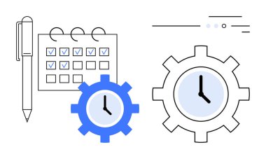 Kontrol edilen takvimin yanındaki kalem, zaman sembollü ve soyut çizgileri olan iki saat dişlisi. İş planlaması için ideal, üretkenlik araçları, proje yönetimi, zaman izleme, organizasyon, zamanlama