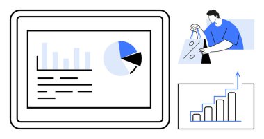 Çubuklu ve turta grafikli dijital analitik panel, alışveriş torbası tutan kişi, yükselen bar grafiği. İş analizleri, e-ticaret eğilimleri, piyasa araştırmaları, veri analizleri, performans için ideal