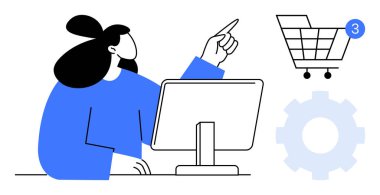 Tebligat ile alışveriş arabasını gösteren ve vites simgesinin yanındaki masaüstü bilgisayarında çalışan bir kadın. E-ticaret, çevrimiçi alışveriş, dijital pazarlama, müşteri hizmetleri, teknik destek, kullanıcı
