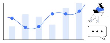 Dizüstü bilgisayarlı bir kadın iletişim kurduğunu gösteren konuşma baloncukları ve bar çizelgelerini analiz ediyor. Veri analizi, iş sunumları, piyasa araştırmaları, mali raporlar, akademik çalışmalar için ideal