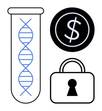 Test tüpündeki DNA sarmalları genetik araştırmayı simgeler. Dolar sikkesi finansmanı ya da yatırımı simgeler. Kilit ise veri güvenliğini ya da mahremiyeti. Tıbbi araştırma, biyoteknoloji ve finans için ideal