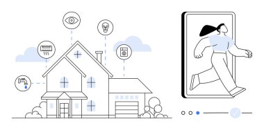 Smart house with interconnected devices controlled by a mobile app. Usage themes Ideal for home automation, remote control, security systems, energy management, convenience, smart living, futuristic clipart