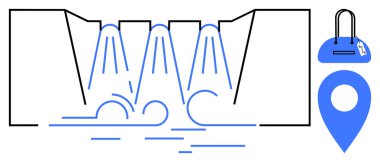Barajdan akan su, üzerinde etiket ve lokasyon rozeti olan mavi alışveriş torbası. Çevresel temalar, hidroelektrik, alışveriş, navigasyon, sürdürülebilirlik seyahati ve minimalist sanat için idealdir. Satır metaforu
