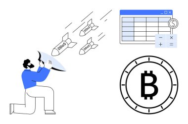Adam, Bitcoin sembolünün yanındaki döviz sembollü bir hesap tablosunun yakınındaki yaklaşan DDoS füzelerine karşı kalkan kullanıyor. Siber güvenlik, finansal güvenlik, kripto para birimi ve risk için ideal