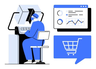 VR kulaklığı kullanarak verileri grafiklerle analiz eden kişi. E-ticaret, dijital pazarlama, veri analizi, teknoloji, sanal gerçeklik, iş stratejileri, sunumlar için idealdir. Çizgi