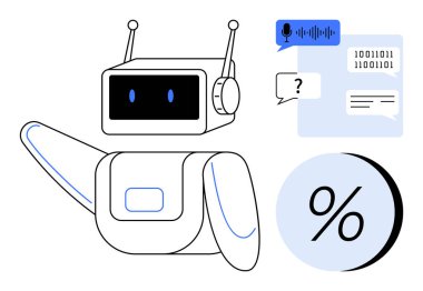 Antenli dostça sohbet robotu ve ikili kod ve metin içeren konuşma baloncukları, yüzde sembolü, sorgulama ikonu. Yapay zeka, sohbet robotları, müşteri desteği, veri analizi, otomasyon, makine için ideal