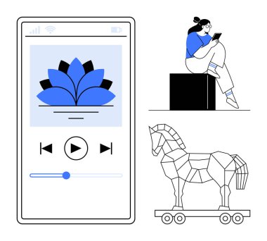 Phone screen with music player app featuring play button and lotus icon, person sitting on a box using a tablet, geometric Trojan horse. Ideal for tech, music, relaxation, education, cybersecurity clipart