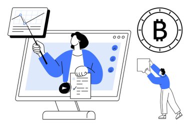 Monitörde sunum yapan kişi elinde bir işaret ve belge tutuyor. Bitcoin sembolü ve paketle ilgilenen kişi. Çevrimiçi eğitim, finans, teknoloji, iş, kripto para birimi için ideal