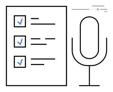 Siyah bir mikrofon simgesinin yanında podcast kayıt görevleri için mavi işaretli kontrol listesi. İçerik oluşturma, organizasyon, üretkenlik, görev yönetimi, podcast planlama, yaratıcı