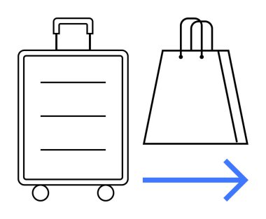 Alışveriş çantasının yanında tekerlekli bavul ve sağı gösteren mavi ok. Seyahat, alışveriş, turizm, lojistik, perakende, ambalaj, e-ticaret için ideal. Satır metaforu