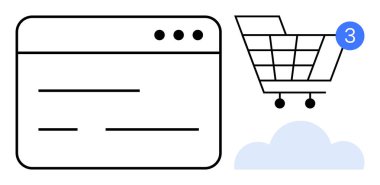 Tarayıcı penceresi, tebligat rozetli alışveriş arabası ve bulut elementi. E-ticaret, çevrimiçi mağaza, alışveriş, internet satışları, dijital pazarlama web sitesi arayüz bulut deposu için ideal. Çizgi