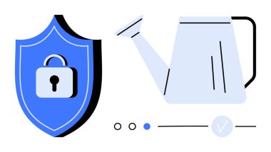 Sulama kutusunun yanında kilit, işaret ve şalter anahtarı olan mavi bir kalkan. Büyüme, güvenlik, koruma, yetiştirme, dijital güvenlik bahçe temaları için idealdir. Satır metaforu