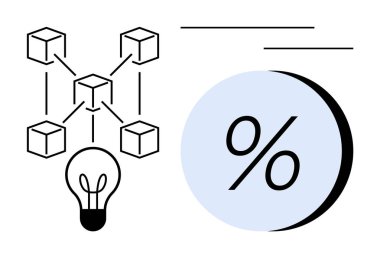 Blockchain ağına bağlı ampul, mavi daire içinde büyük yüzdelik işareti ve iki çizgi. Finans, teknoloji, yenilik, engelleme zinciri, veri analizi ve dijital ekonomi için ideal