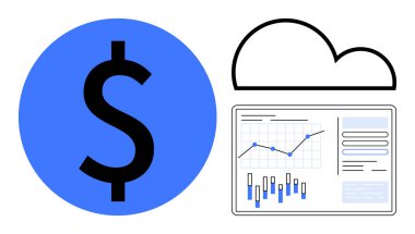 Dolar sembolü bulut hesaplamasını temsil eden finansal odak noktasını vurguluyor. Grafikler, grafikler veri analizlerini ve eğilimleri vurguluyor. Finans, bulut teknolojisi, veri bilimi ve analitik için ideal