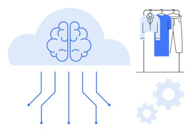 Devreli beyin bulutları, askıda giysiler ve vitesler. Teknoloji, bulut hesaplama, yapay zeka, moda endüstrisi, otomasyon işi ve yenilik için ideal. Satır metaforu