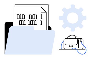 Bir klasördeki belgeler, vites sembolü ve evrak çantası üzerindeki ikili kod. Teknoloji, kodlama, dijital güvenlik, eğitim, iş örgütü, veri yönetimi ve yazılım geliştirme için idealdir. Çizgi