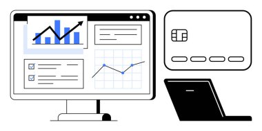 Bilgisayar ekranında veri analizi, kredi kartı ve dizüstü bilgisayar çevrimiçi bankacılığı vurguluyor. Fintech, finans, analitik, kişisel finans, dijital işlemler, çevrimiçi güvenlik için ideal