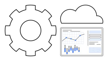 Veri analizi ve bulut hesaplamasını temsil eden çizgi ve çubuk grafikleriyle vites sembolü, bulut simgesi ve performans göstergesi. Teknoloji, veri yönetimi, otomasyon, bulut hizmetleri için ideal