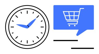 Mavi elli saat, bir diyalog balonunda mavi bir alışveriş arabası simgesinin yanında zaman gösteriyor. E-ticaret, perakende, zaman yönetimi, programlama, pazarlama, müşteri hizmetleri, verimlilik için ideal