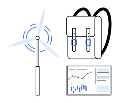 Enerji üreten rüzgar türbini, seyahat veya eğitimi sembolize eden sırt çantası ve grafikli veri analiz ekranı. Eğitim için ideal, yenilenebilir enerji, çevre dostu teknoloji, seyahat