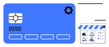 Güvenlik çipi ve dişli ikonu olan kredi kartı bir e-ticaret mağazası arayüzünün yanında. Çevrimiçi alışveriş, dijital güvenlik, e-ticaret çözümleri, sanal pazarlar, ödeme işlemleri için ideal