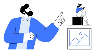 Büyük sakallı insan jestleri yaparken, küçük bir insan bir telefon ve dağların ve güneşin çerçeveli bir resmiyle boğuşuyor. İletişim, teknoloji, yaratıcılık ve motivasyon için ideal