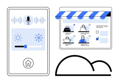 Çantalarla çevrimiçi alışveriş arayüzü ve ses kumandası olan akıllı ev kontrol paneli. Akıllı ev teknolojisi, ekommerce, dijital etkileşim, mobil uygulamalar, ev konforu için ideal