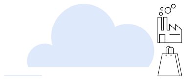 Büyük mavi bulut, bir fabrika ve bir alışveriş poşetinin minimalist simgeleriyle tamamlanmış. Teknoloji, endüstri, ticaret, yenilik, verimlilik, çevre ve iş için ideal. Satır metaforu