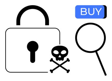 İçinde asma kilit, kafatası ve çapraz kemikler, büyüteç ve satın alma düğmesi bulunan siber güvenlik simgeleri. Çevrimiçi güvenlik, sahte alarm, internet güvenliği, çevrimiçi işlemler, dijital işlemler için ideal